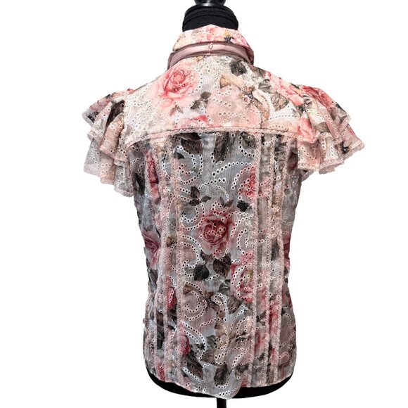 NWT Alice + Olivia “Minda” Floral Eyelet Ruffle-Sleeve Tie-Neck Blouse Size M - Picture 6 of 11